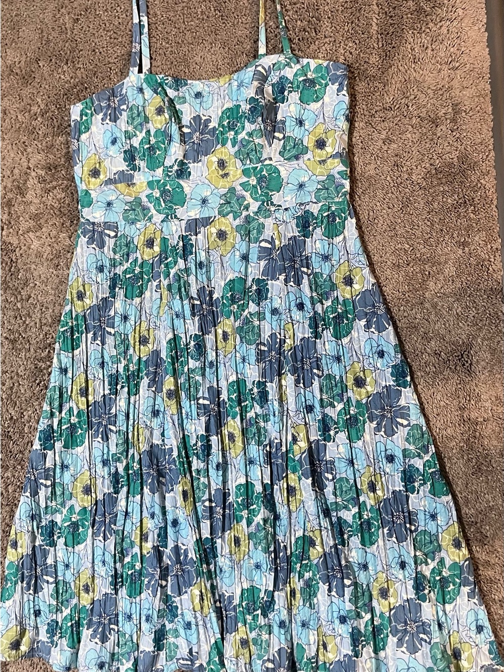 Floral Pleated Casual Sundress Blue, Green & Yellow Zipper Size 16